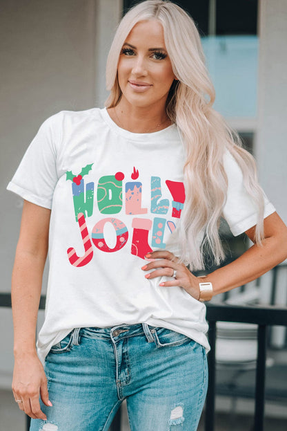 Festive White Christmas Printed Tee with HOLLY JOLLY Monograms