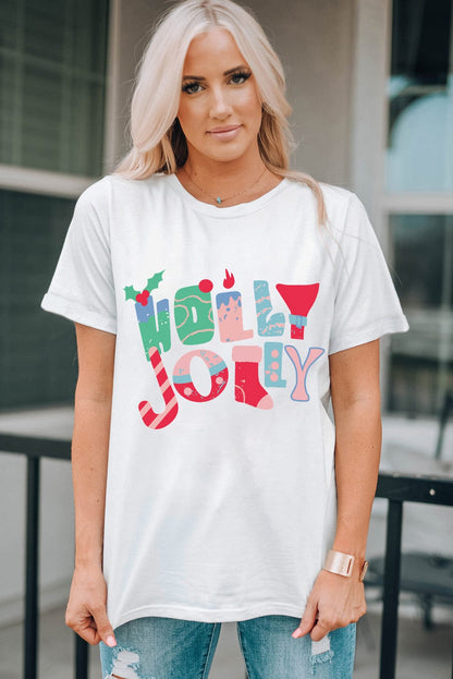 Festive White Christmas Printed Tee with HOLLY JOLLY Monograms