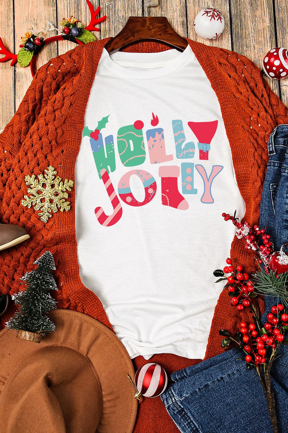 Festive White Christmas Printed Tee with HOLLY JOLLY Monograms