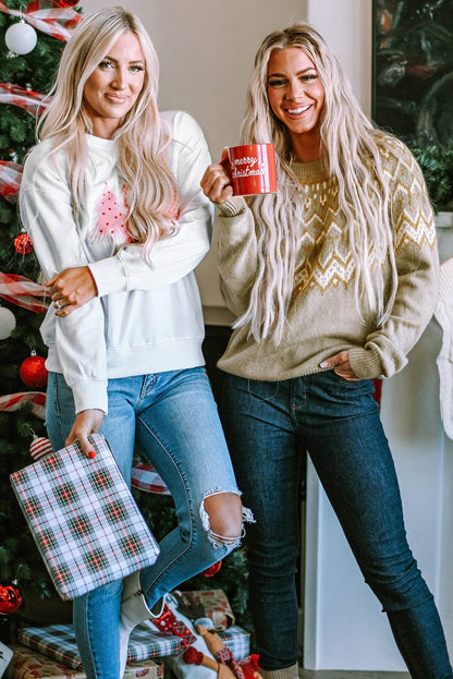 Festive White Christmas Tree Print Crewneck Sweatshirt