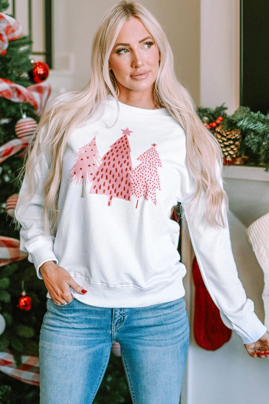Festive White Christmas Tree Print Crewneck Sweatshirt