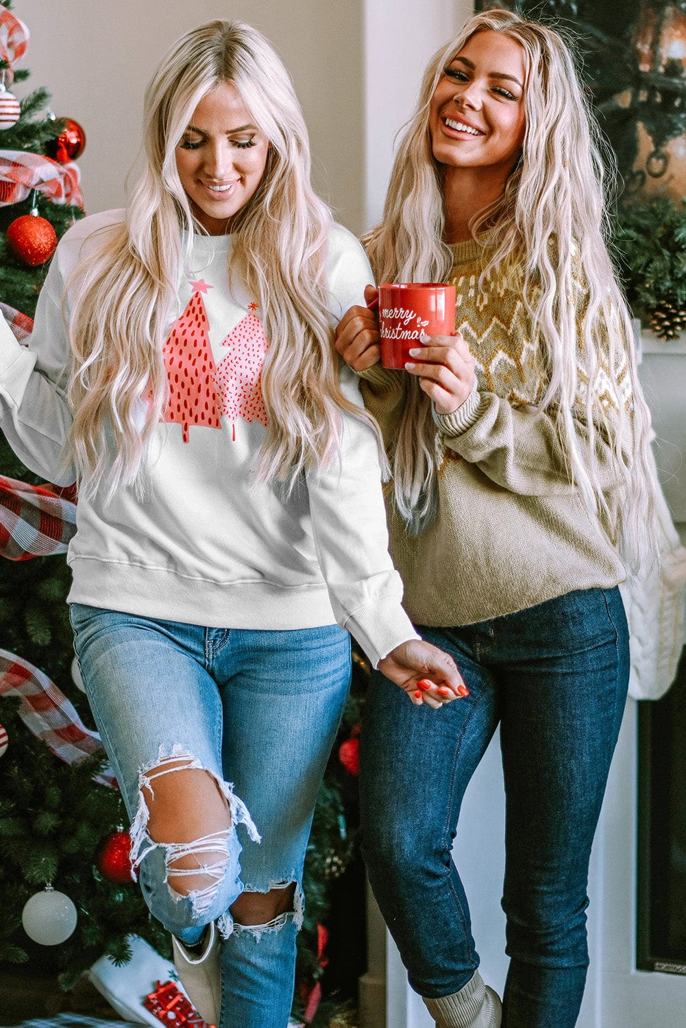 Festive White Christmas Tree Print Crewneck Sweatshirt