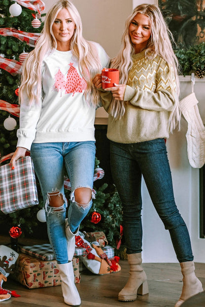 Festive White Christmas Tree Print Crewneck Sweatshirt