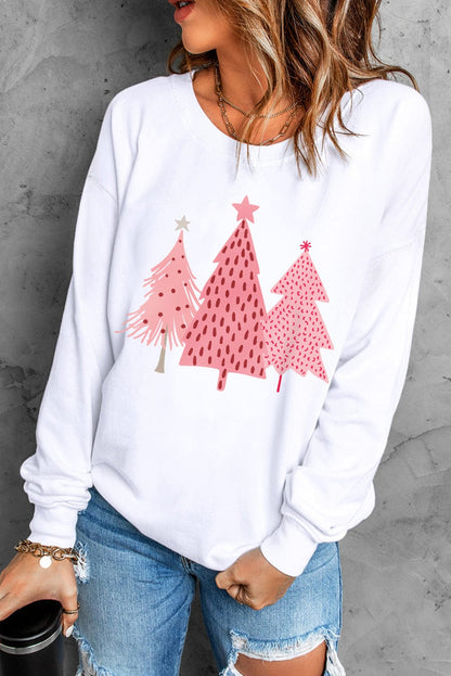 Festive White Christmas Tree Print Crewneck Sweatshirt