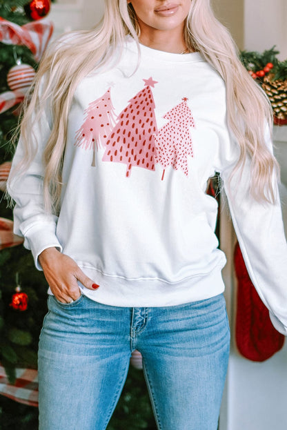 Festive White Christmas Tree Print Crewneck Sweatshirt