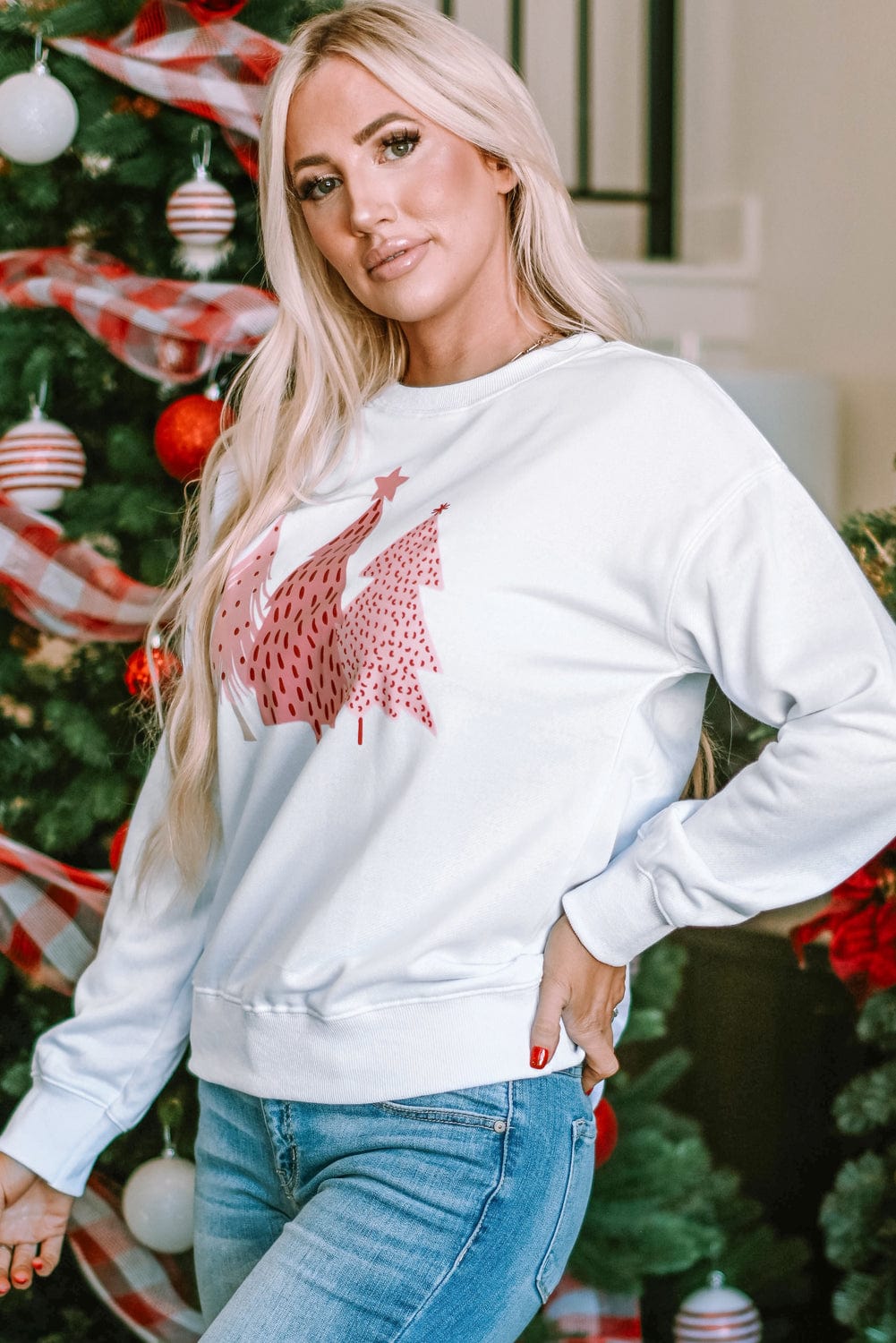 Festive White Christmas Tree Print Crewneck Sweatshirt