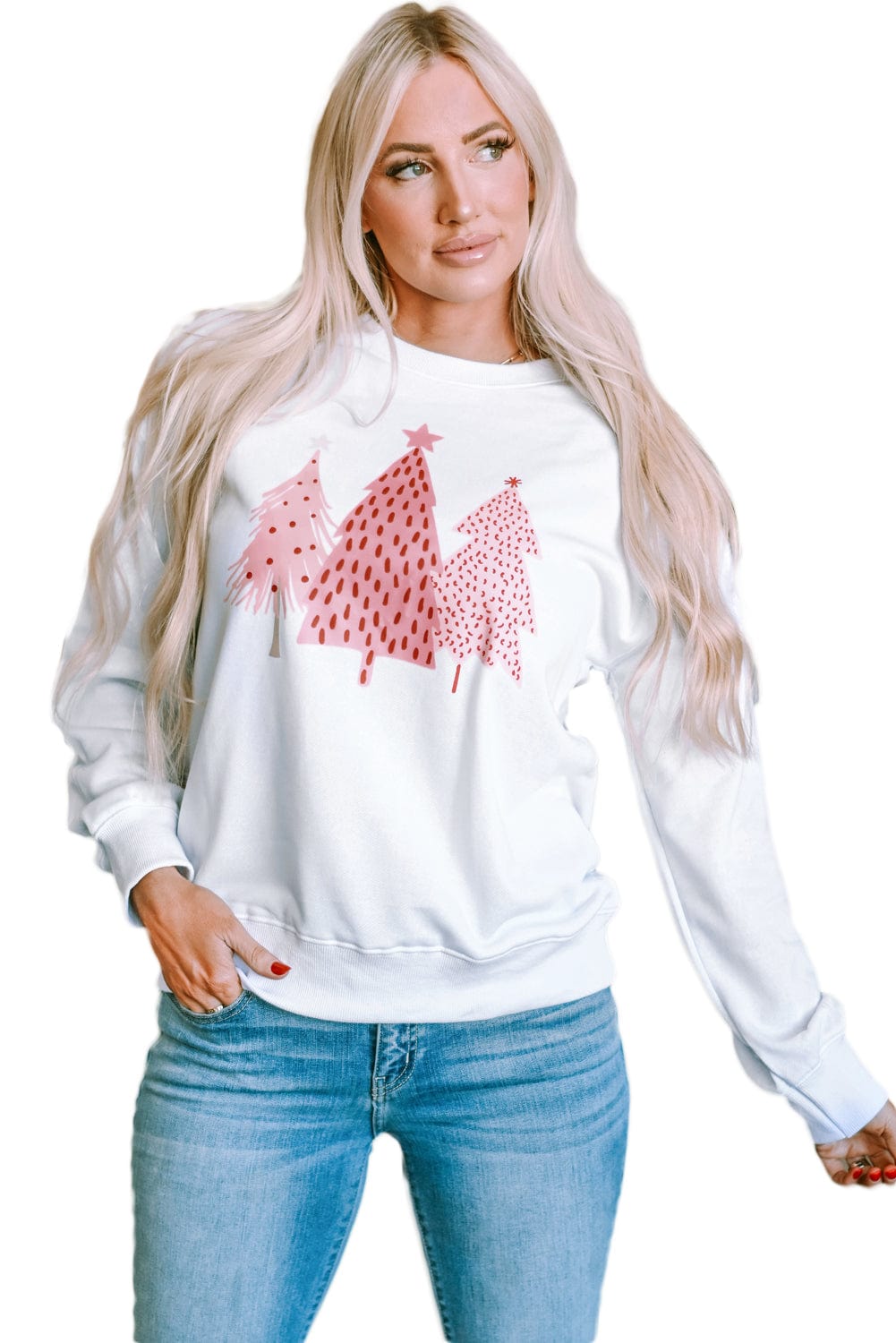 Festive White Christmas Tree Print Crewneck Sweatshirt