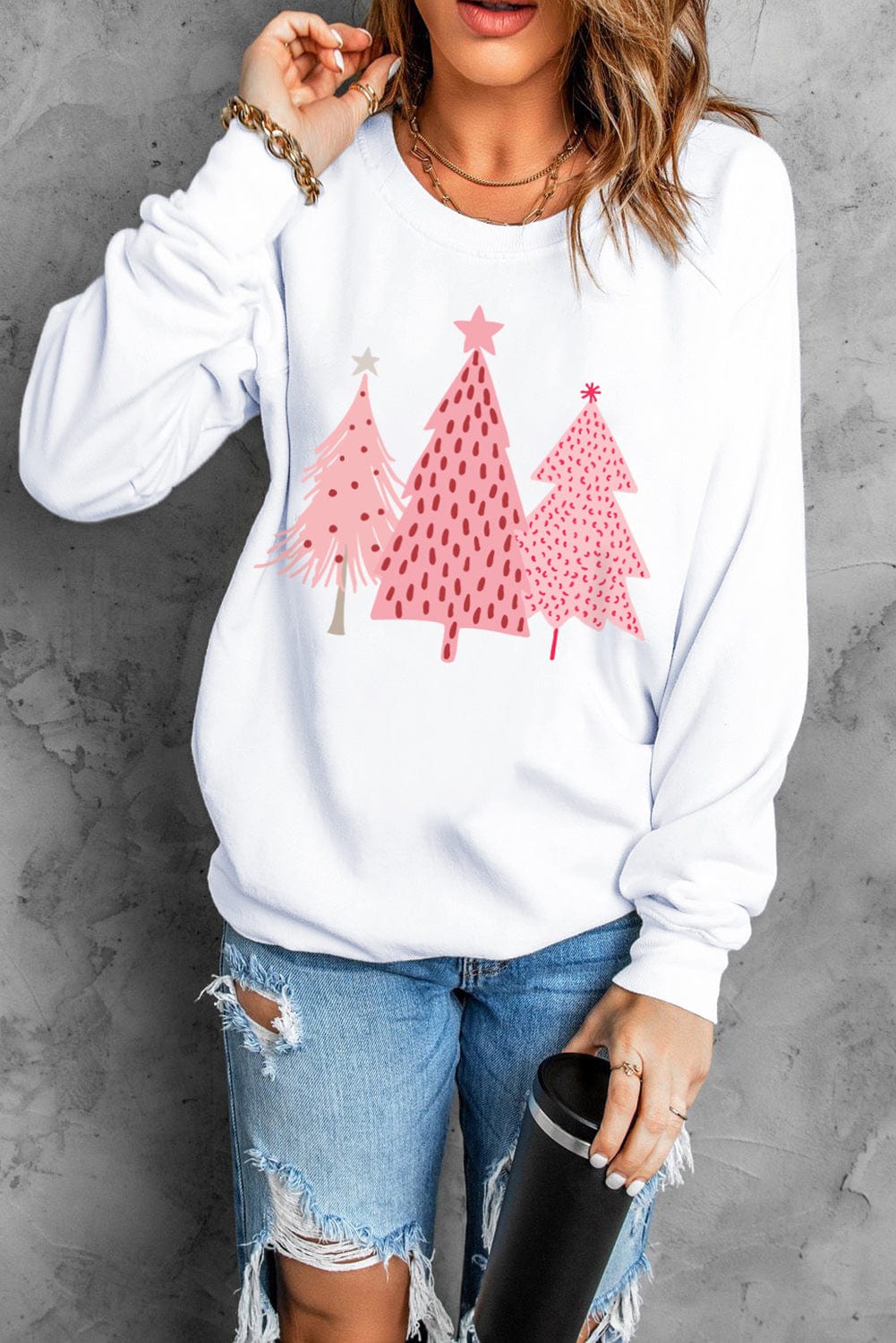 Festive White Christmas Tree Print Crewneck Sweatshirt