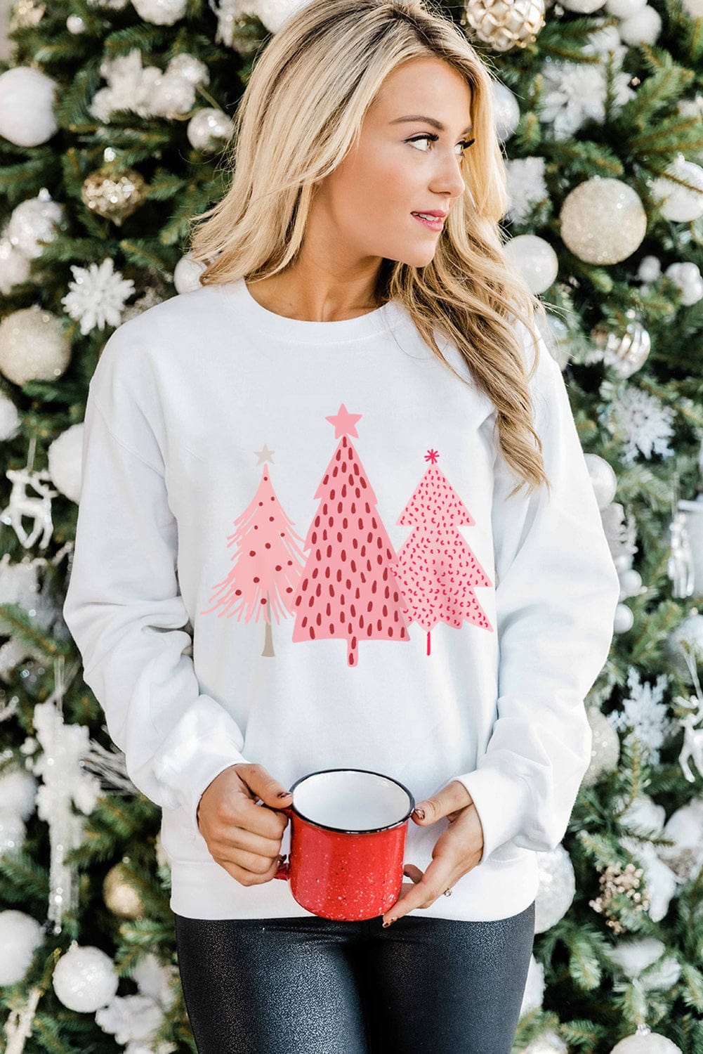 Festive White Christmas Tree Print Crewneck Sweatshirt
