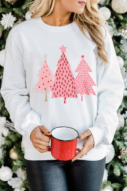 Festive White Christmas Tree Print Crewneck Sweatshirt