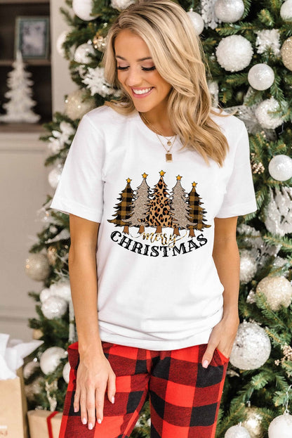 Festive White Leopard Christmas Trees Print T-Shirt
