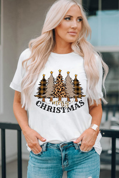 Festive White Leopard Christmas Trees Print T-Shirt