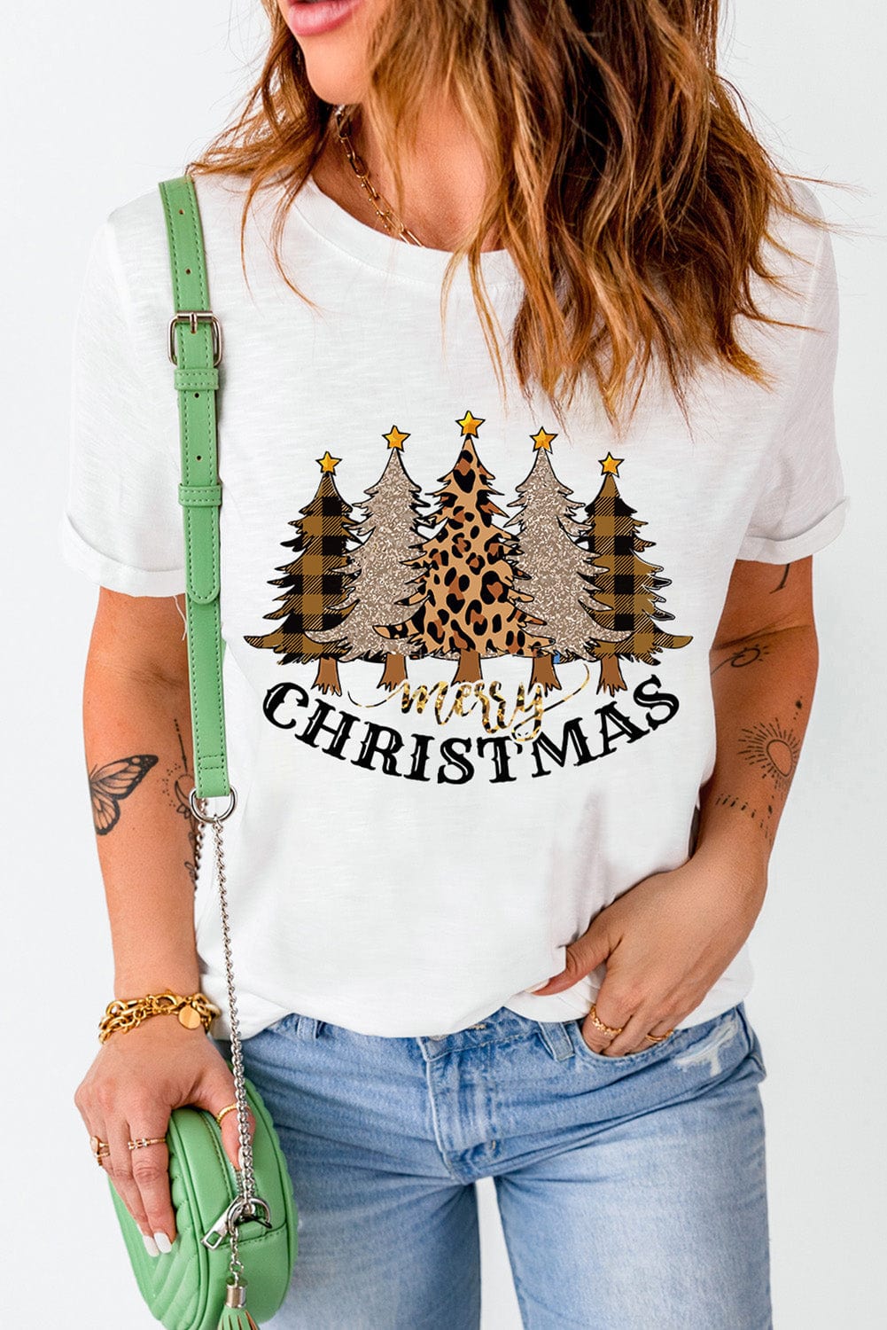Festive White Leopard Christmas Trees Print T-Shirt