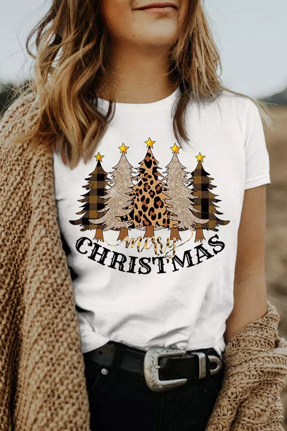 Festive White Leopard Christmas Trees Print T-Shirt