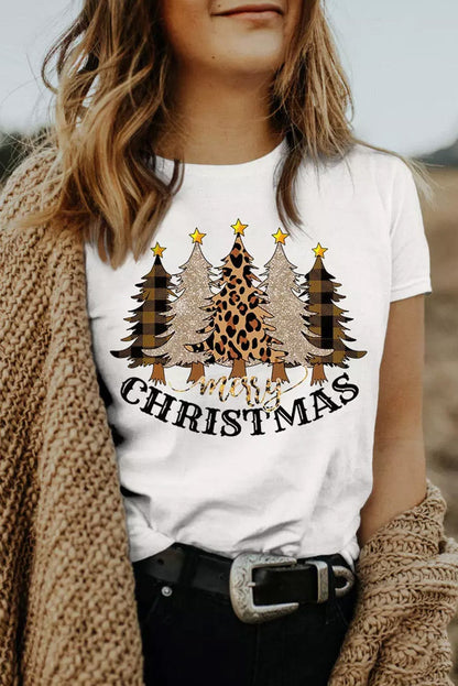 Festive White Leopard Christmas Trees Print T-Shirt