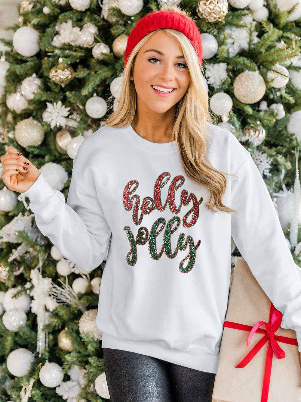 Festive White Sequin "Holly Jolly" Graphic Christmas Sweater