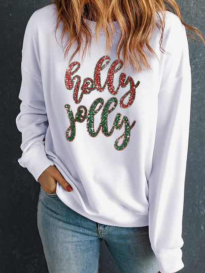 Festive White Sequin "Holly Jolly" Graphic Christmas Sweater