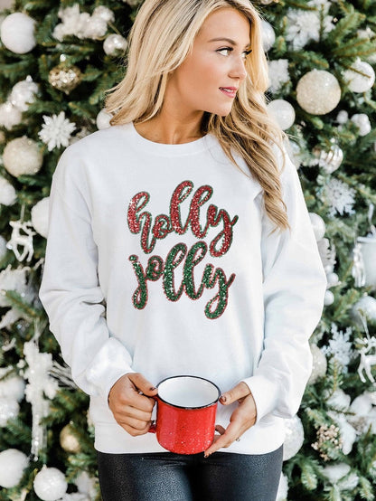 Festive White Sequin "Holly Jolly" Graphic Christmas Sweater