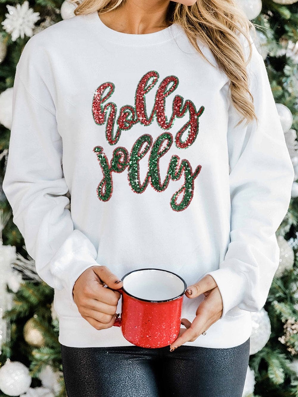 Festive White Sequin "Holly Jolly" Graphic Christmas Sweater