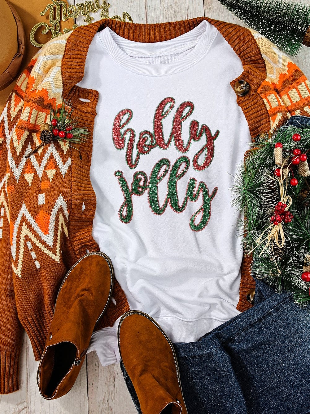 Festive White Sequin "Holly Jolly" Graphic Christmas Sweater