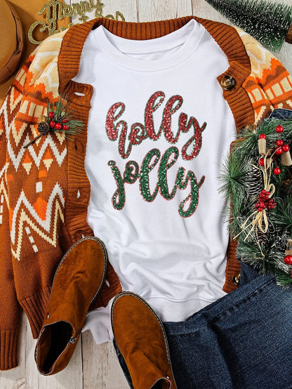 Festive White Sequin "Holly Jolly" Graphic Christmas Sweater