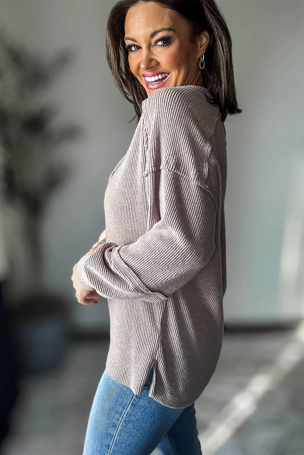 Smoke Gray Brushed Ribbed Knit Exposed Seam Drop Shoulder Henley Top