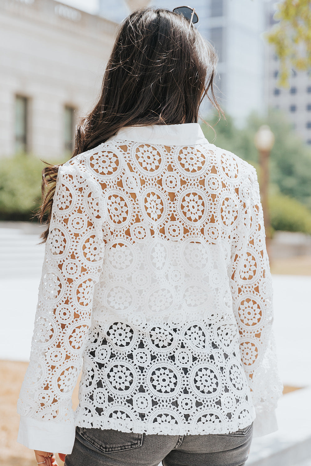 Elegant White Crochet Lace Button-Up Shirt with Turn-down Collar