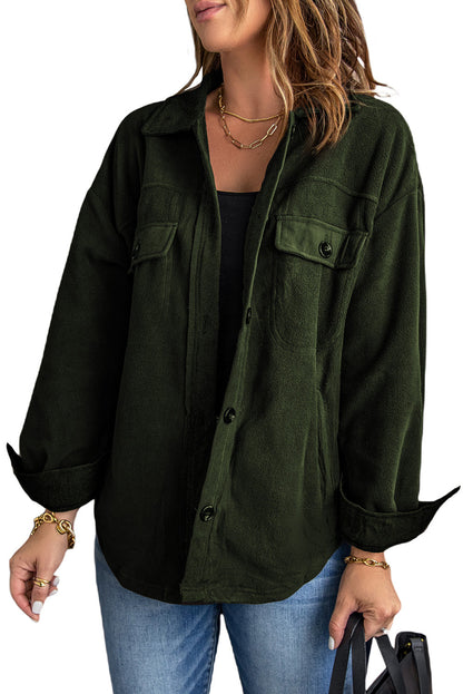 Green Stylish Button-Up Shirt Jacket with Collar