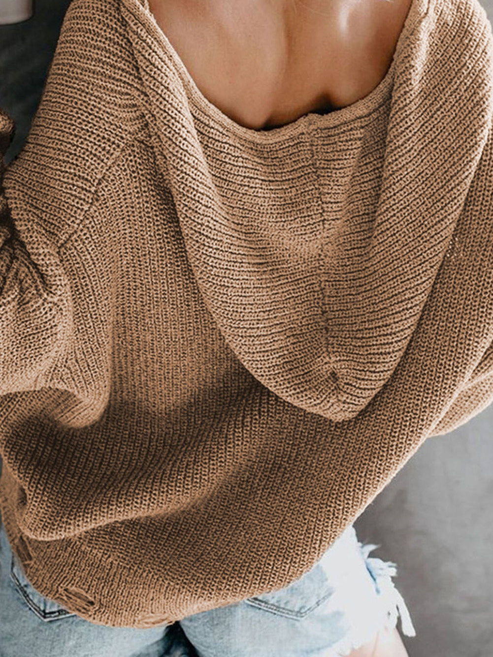 Khaki Hooded V-neck Zip-Up Solid Sweater with Dropped Sleeves