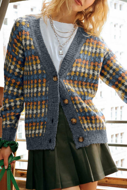 Gray Dotty Pattern Knit Button Front V Neck Sweater Cardigan