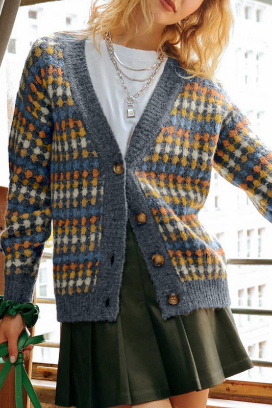 Gray Dotty Pattern Knit Button Front V Neck Sweater Cardigan