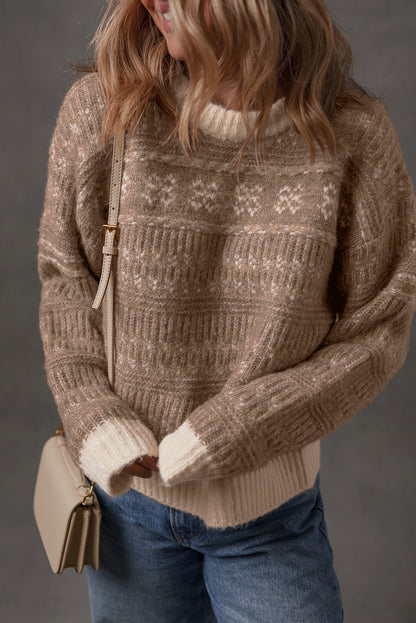 Dark Brown Geometric Knit Color Contrast Drop Sleeve Sweater