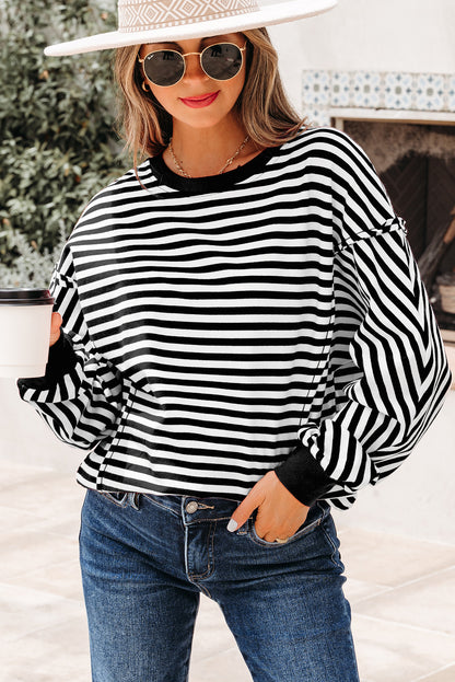 Black Stripe Exposed Seam Drop Shoulder Casual Pullover Top