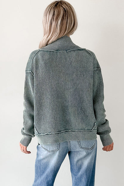 Evergreen Mineral Wash Exposed Seam Patchwork Knit Open Sweater Cardigan
