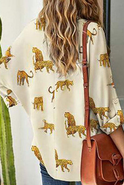 Apricot Leopard Print Tab Sleeve V-Neck Blouse with Wild Animal Pattern