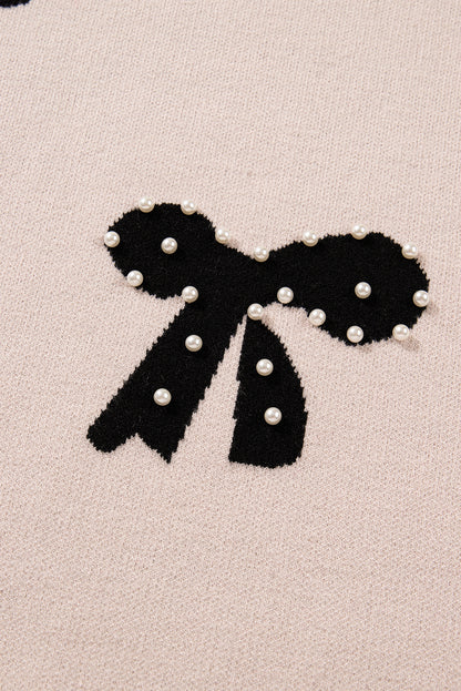 Smoke Gray Pearl Embellished Bow Pattern Loose Sweater