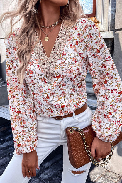 Elegant White Lace V-Neck Blouse with Floral Pattern
