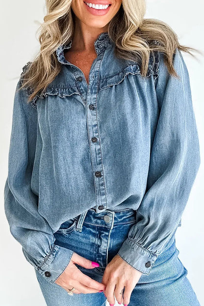 Dusk Blue Frilled Detail Button Down Chambray Shirt
