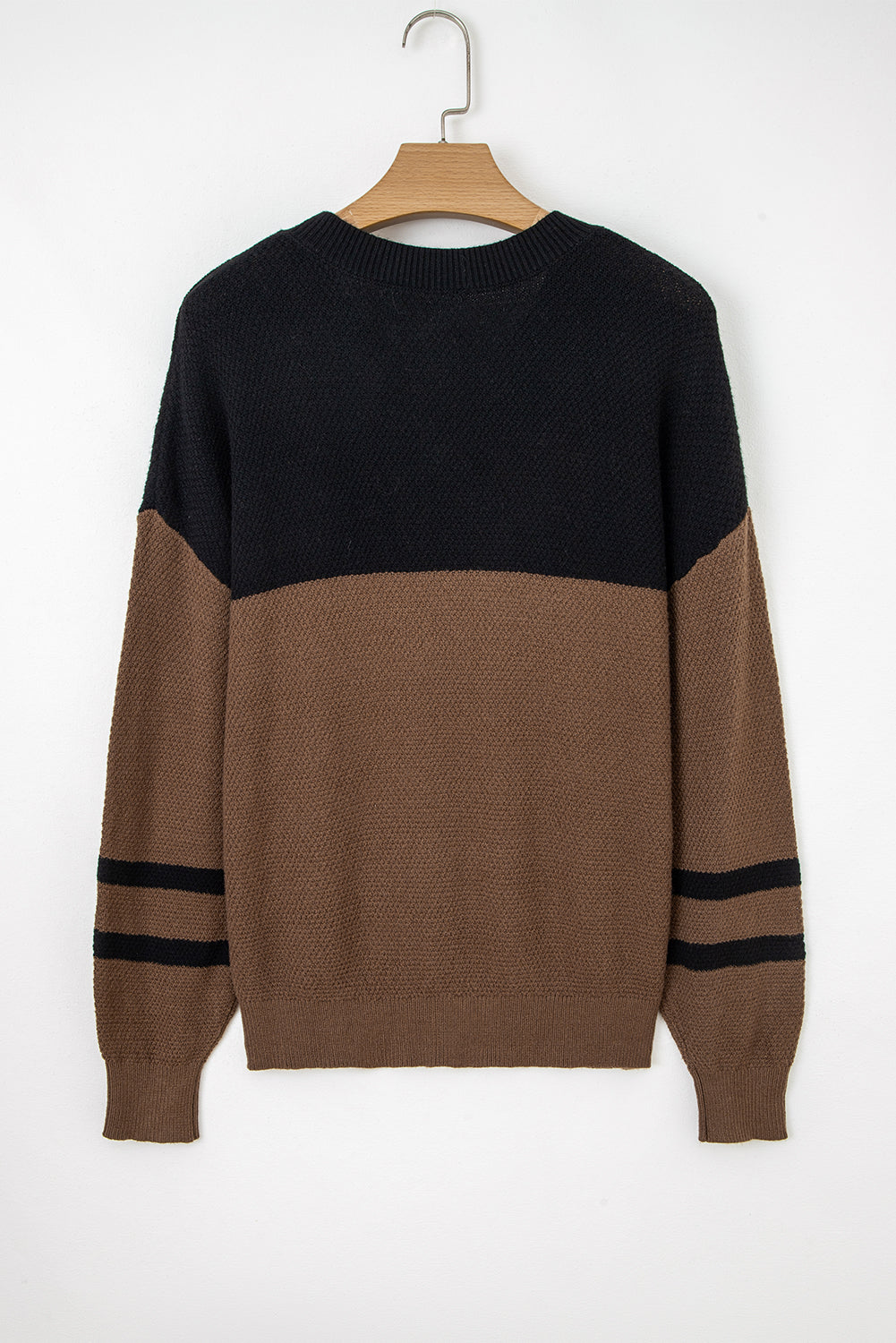 Dark Brown Color Block Knit Striped Sleeve Detail Casual Sweater