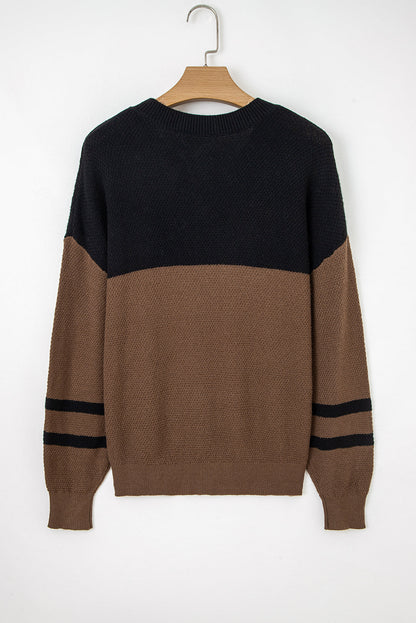 Dark Brown Color Block Knit Striped Sleeve Detail Casual Sweater