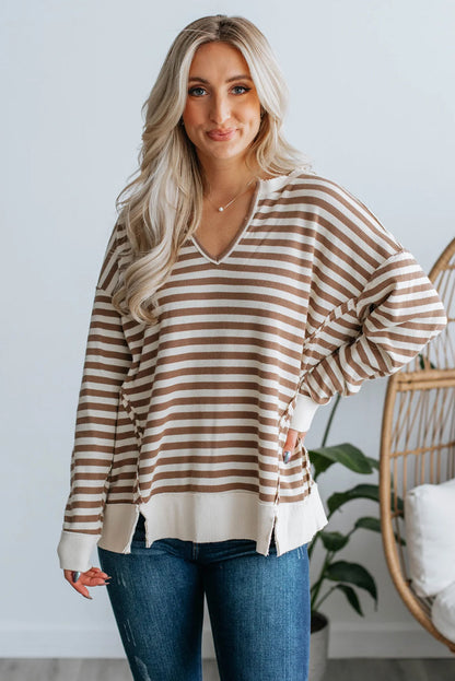 Khaki Stripe Notched V Neck Drop Shoulder Casual Top with Slits