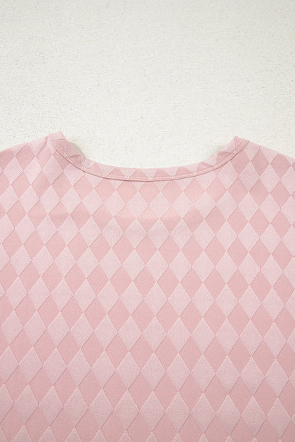 Light Pink Rhombus Pattern Knit Long Sleeve Top Pocketed Drawstring Lounge Pant Set