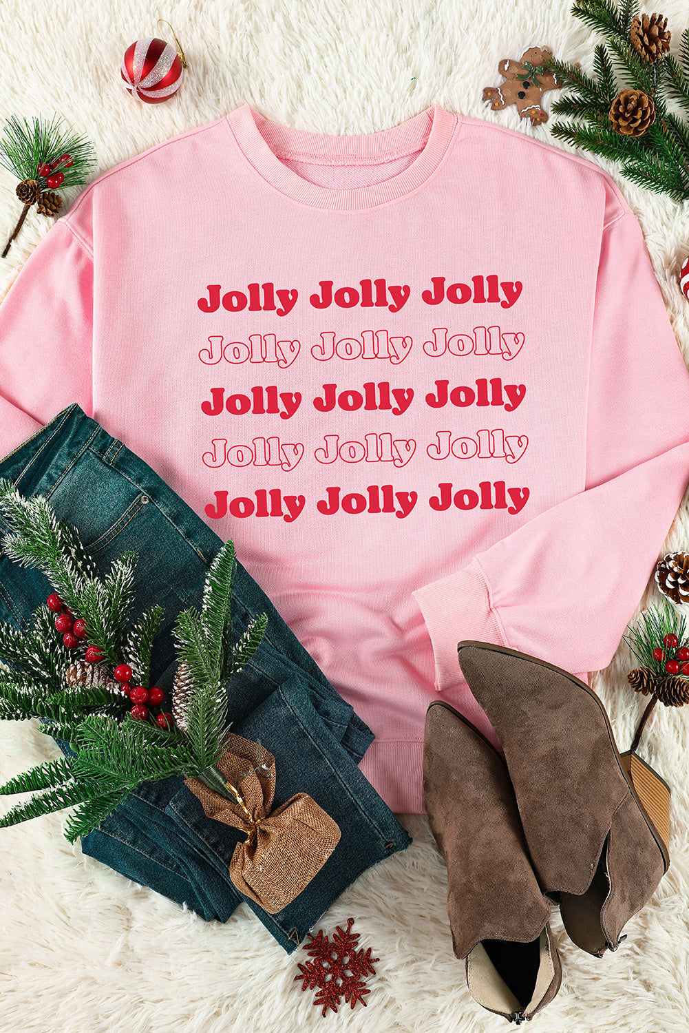 Holiday Joy Pink Jolly Letter Print Sweatshirt