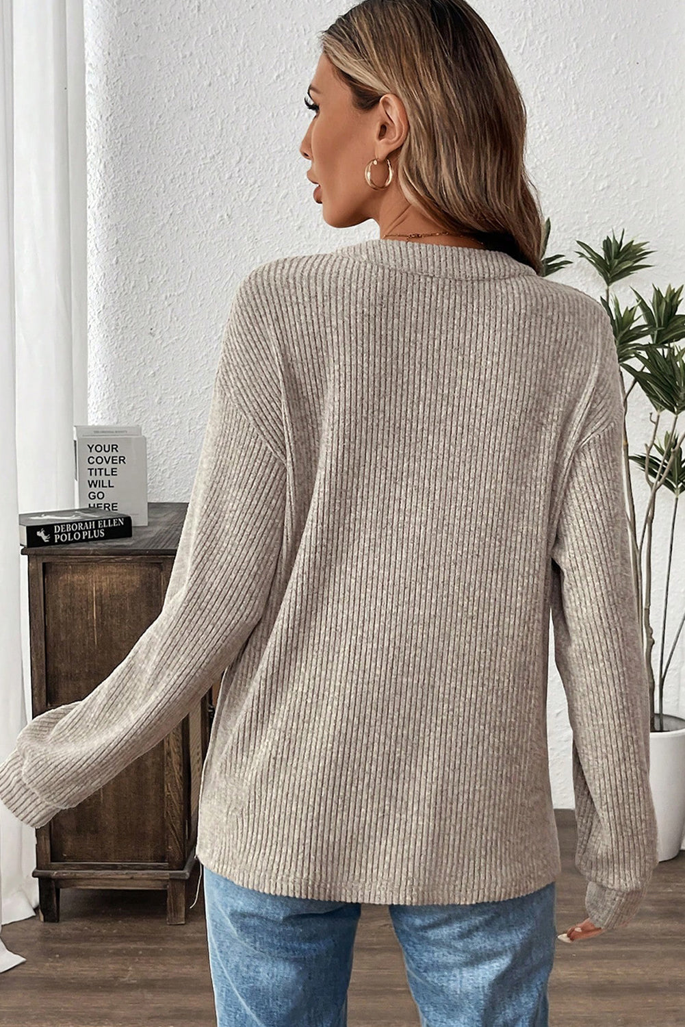 Simply Taupe Plus Size Ribbed Knit Kangaroo Pocket Long Sleeve Henley Top