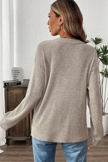 Simply Taupe Plus Size Ribbed Knit Kangaroo Pocket Long Sleeve Henley Top