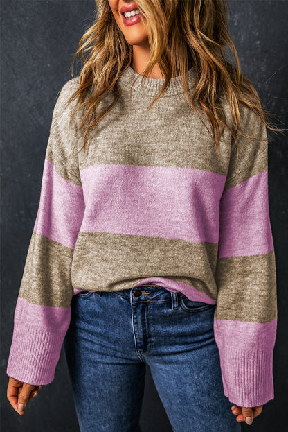 Elevate Pink Color Block Wide Sleeve Knit Sweater