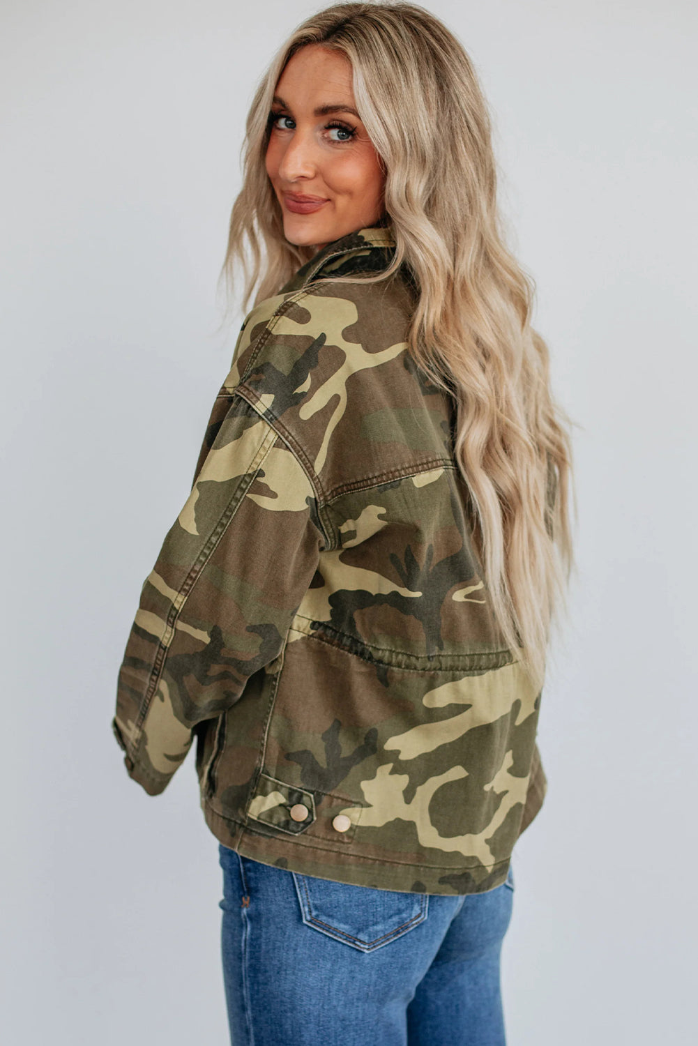 Green Retro Camouflage Print Flap Pocket Button Down Denim Jacket