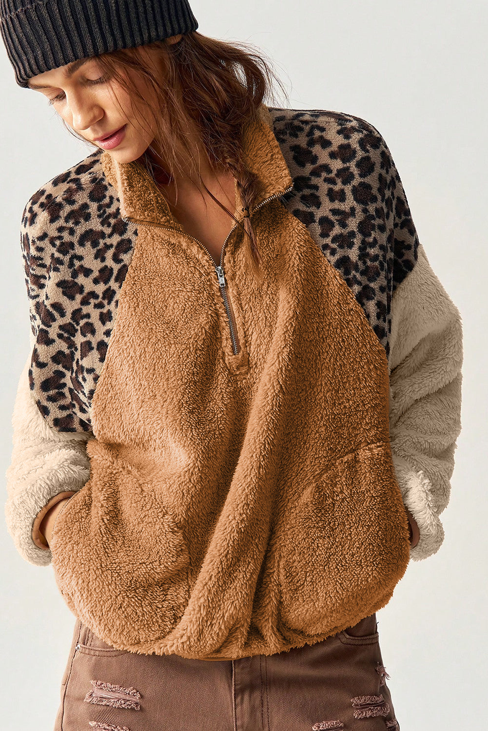 Camel Sherpa Color Block Leopard Patchwork Quarter Zip Plush Pullover Sweatshirt
