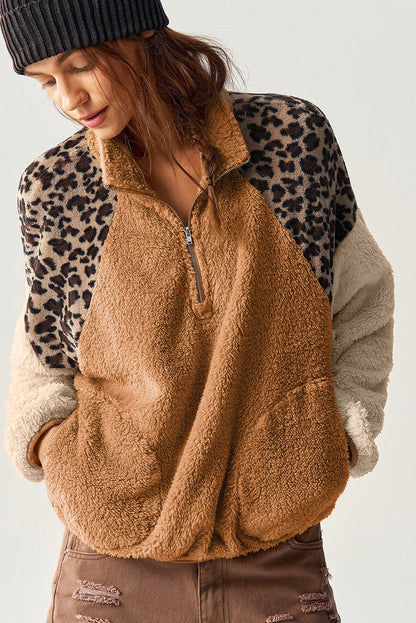 Camel Sherpa Color Block Leopard Patchwork Quarter Zip Plush Pullover Sweatshirt