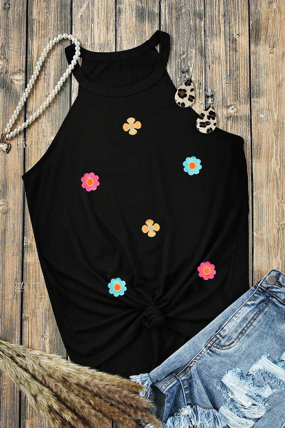 Floral Embroidered Black Tank Top with Sweet Details